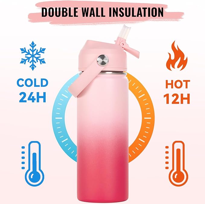 Fijinhom 18oz Insulated Stainless Steel Water Bottle, Wide Mouth Double Wall Vacuum, Silicone Straw, Sweat & Leak Proof, BPA Free Insulated Water Flask for Travel, Keep Cold 24h Hot 12h, Pink Gradient