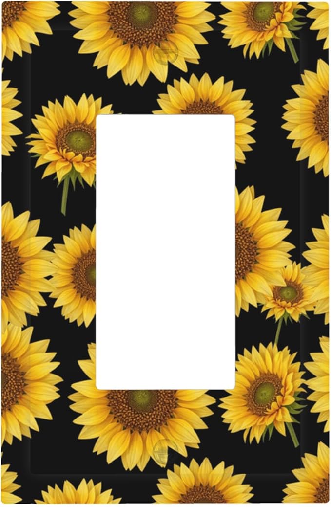 Sunflower Fields Single Rocker Switch Cover - 1-Gang Standard US Size Vibrant Sunflower on Black Light Switch Covers, Boho Sunny Garden for Bedroom Decor