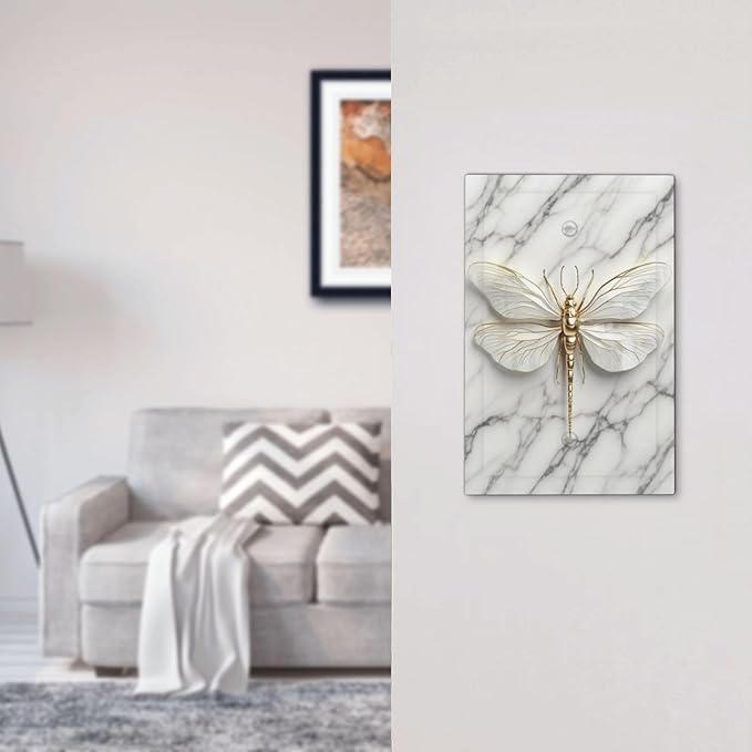 White Gold Marble Dragonfly Abstract Modern Light Switch Cover Plate 1 Gang No Device Blank Electrical Wall Plates Faceplate Decorative Switch Plate for Bathroom Home Decor
