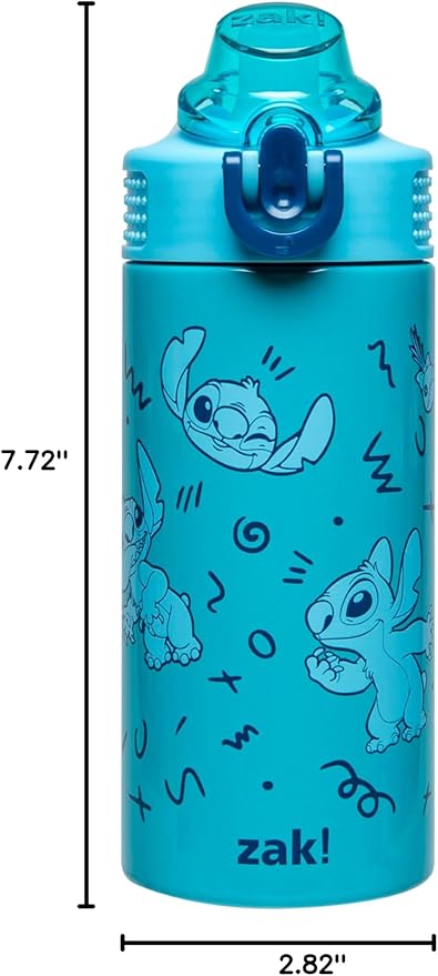 Zak Designs Disney Sage Kids Water Bottle For School or Travel, 14oz Stainless Steel Water Bottle With Straw, Handle, and Leak-Proof, Pop-Up Spout Cover (Stitch)