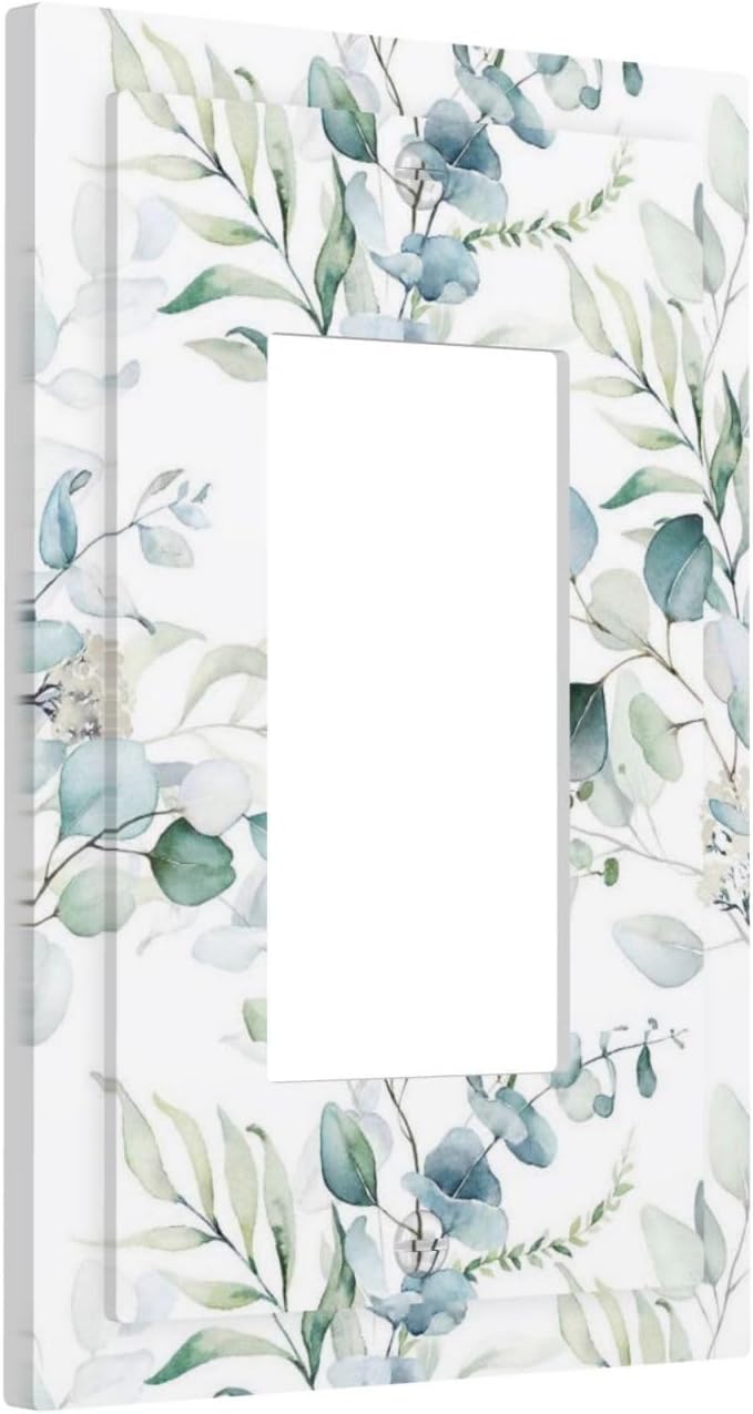 Green Eucalyptus Leaves Sage Device Single GFCI Decorator/Rocker Light Switch Wall Plate Cover 1 Gang Palm Tree Spring Botanical Plant Electrical Jumbo Face Switchplate Receptacle Outlet Cover Dimmer