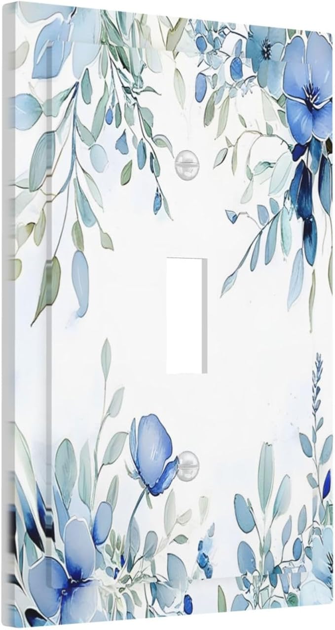 Watercolor Blue Flower Plant Floral Green Leaves Decorative Light Switch Cover 1 Gang Single Toggle Device Electrical Faceplate Switchplates Decorator Outlet Wall Plate for Bedroom Living Room Decor