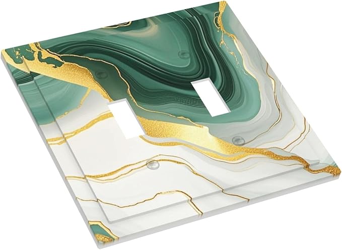 Decorative Switch Plates Turquoise Marble Texture Golden Lines 2 Gang Double Toggle Outlet Light Switch Cover Wall Plate Electrical Faceplate For Bed Room Bathroom Decor