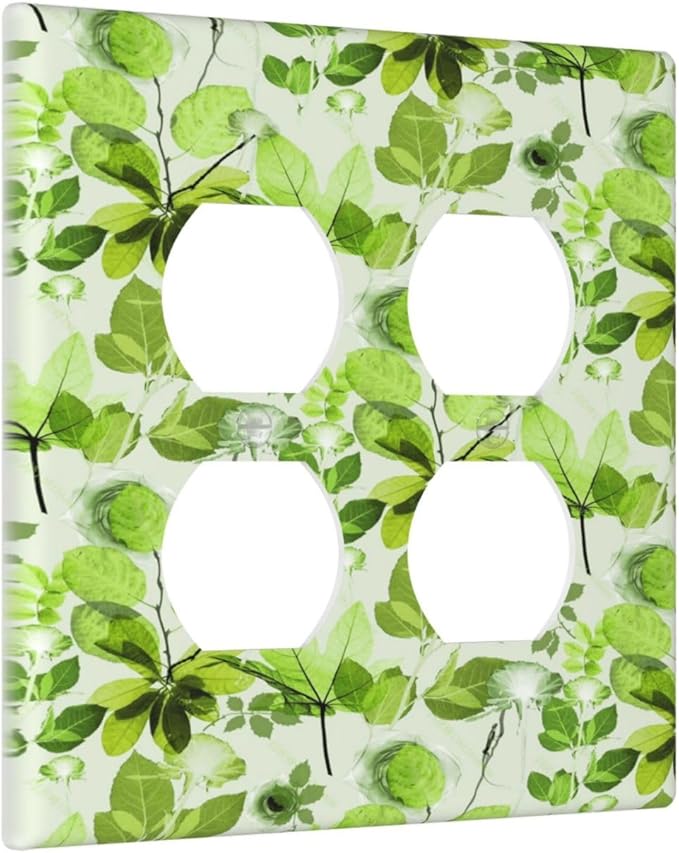 Green Leaves Spring Plant Floral Outlet Covers 2 Gang Double Duplex Decorative Light Switch Covers Electrical Wallplates Socket Faceplate for Bed Room Living Room Decor