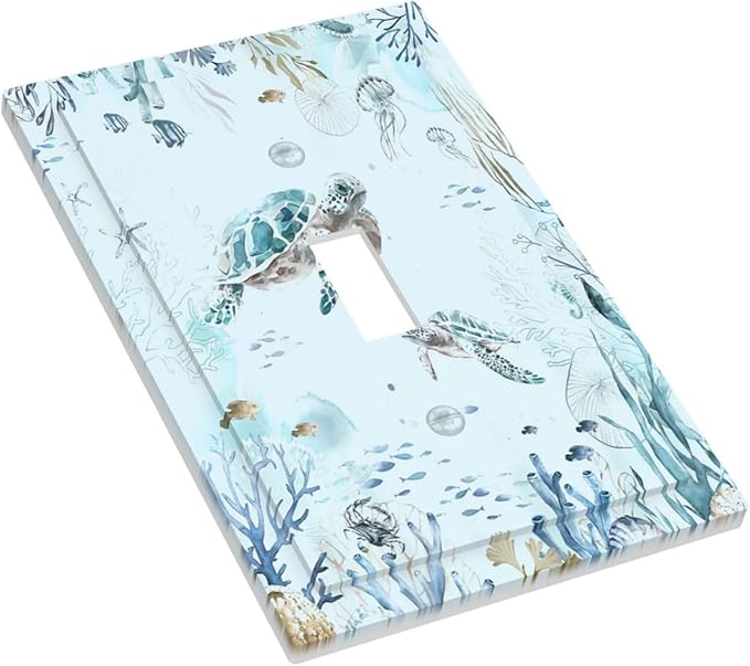 Decorative Light Switch Cover Teal Blue Ocean Sea Turtle Seabed Plants 1 Gang Single Toggle Decorator Outlet Wall Plate Device Electrical Faceplate Switchplates for Bathroom Kids room Decor