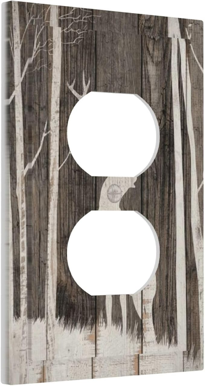 Vintage Wood Forest Deer Wildlife Animal Silhouette Outlet Covers 1 Gang Duplex Light Switch Cover Decorative Switch Plates Electrical Receptacle Faceplate Wall Plate for Farmhouse Home Decor