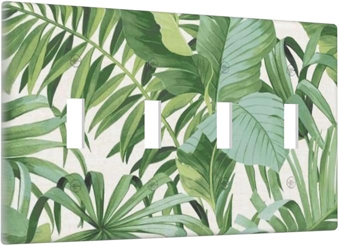 Green Tropical Palm Tree Leaf 4 Gang Four Device Decorative Light Switch Cover Summer Japanese Banana Leaves Greenery Quad Toggle Decorator Wall Plate Outlet Cover Electrical Faceplate Switchplate