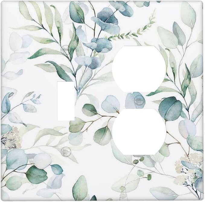 2-Gang 1-Toggle 1-Duplex Combination Wall Plate Watercolor Spring Eucalyptus Green Saga Leaves Nature Botanical Floral Two Combo Double Device Toggle/Outlet Receptacle Light Switch Faceplate Cover