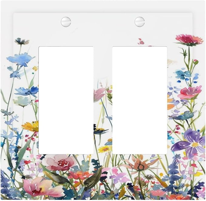 Watercolor Wildflowers Colorful Floral Plant Decorative Outlet Covers 2 Gang Double GFCI Rocker Electrical Wall Panels Light Switch Cover Plate for Bedroom Living Room Decor