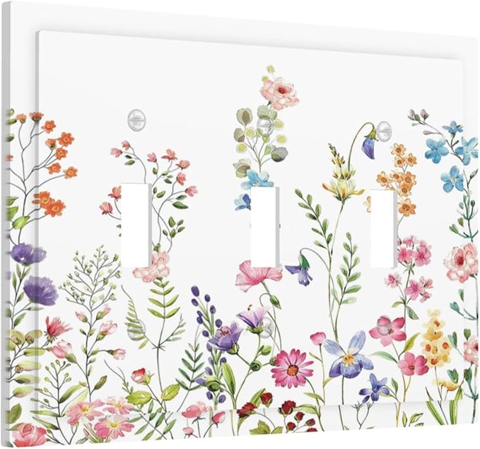 Boho Watercolor Wildflowers Floral Plants Flower Decorative Switch Plates 3 Gang Wall Plate Triple Toggle Light Switch Cover Faceplate Electrical Wall Panels for Bedroom Living Room Decor