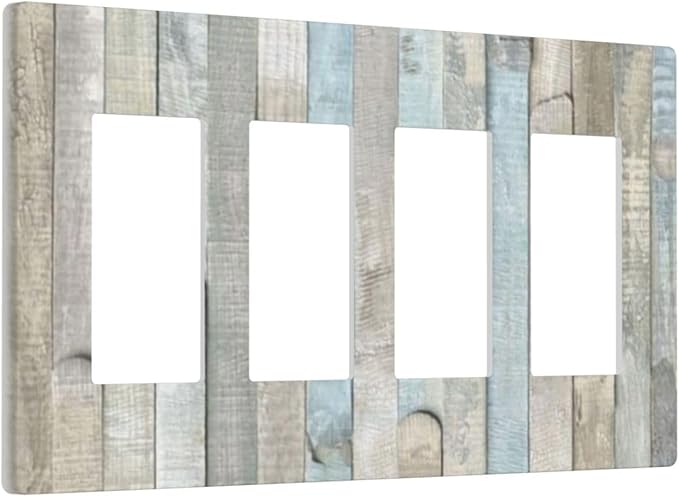 Country Rustic Blue White Wood 4 Gang Quad Rocker/GFCI/Decorator Light Switch Cover Plate Decorative Electric Faceplate Decorative Switchplate Screwless