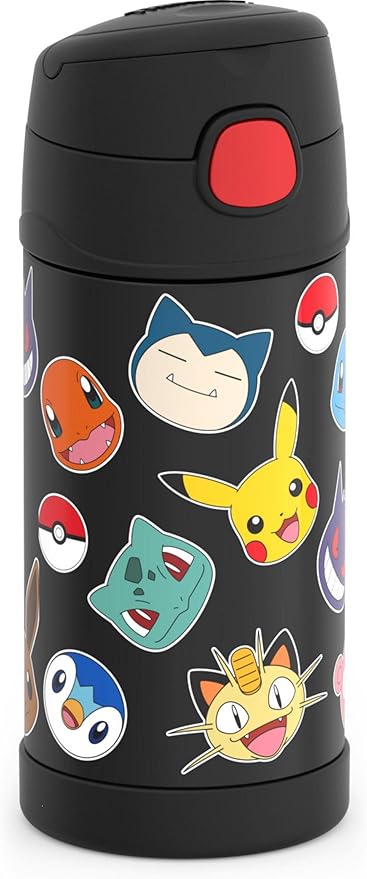 THERMOS FUNTAINER Water Bottle with Straw - 12 Ounce - Kids Stainless Steel Vacuum Insulated Water Bottle with Lid,Pokémon,(Pack of 6)