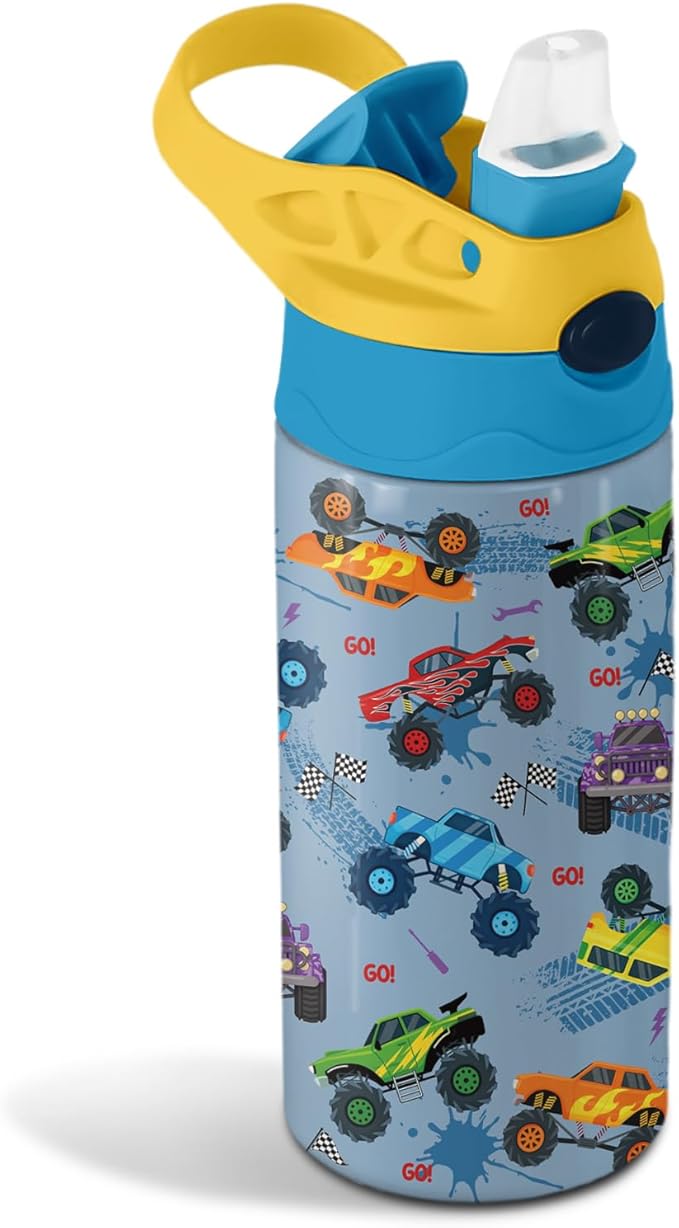 12 oz Monster Truck Kids Water Bottle, Cool Cars Water Bottle for School, Kids Insulated Bottles with Straw & Handle, Leak-Proof, BPA-free, Straw Lid, Stainless Steel for Travel Gift Cup for Boys