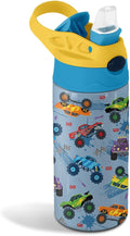 12 oz Monster Truck Kids Water Bottle, Cool Cars Water Bottle for School, Kids Insulated Bottles with Straw & Handle, Leak-Proof, BPA-free, Straw Lid, Stainless Steel for Travel Gift Cup for Boys