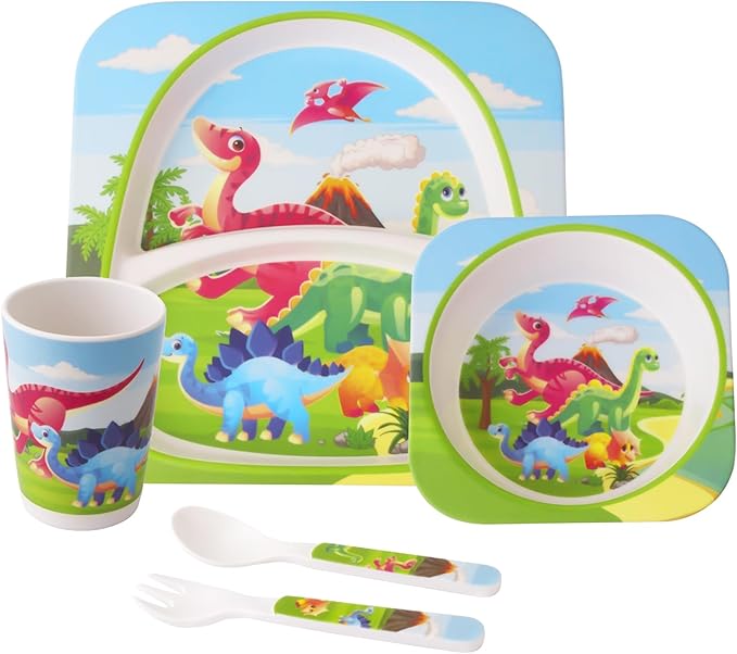 Qshare Bamboo Toddler Dinnerware Set,5Pcs Baby Plates and Bowls,Bamboo Kids Plates and Bowls Set,Kids Dishes Dinnerware Sets with Plate,Bowl,Cup,Fork and Spoon (Tyrannosaurus)