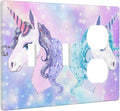 Cute Purple/Blue Rainbow Unicorn 3-Gang 2-Toggle 1-Duplex Device Combination Wall Plate Cute Kawaii Decorative Combo Double Toggle/Single Duplex Receptacle Outlet Light Switch Cover Plate (Not Bling)