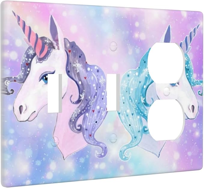 Cute Purple/Blue Rainbow Unicorn 3-Gang 2-Toggle 1-Duplex Device Combination Wall Plate Cute Kawaii Decorative Combo Double Toggle/Single Duplex Receptacle Outlet Light Switch Cover Plate (Not Bling)