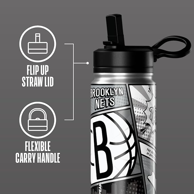 Hydrapeak x NBA Brooklyn Nets 20 oz Stainless Steel Water Bottle, Officially Licensed Double Wall Insulated Sports Bottle with Straw Lid, Reusable Leakproof Gift for Kids & Adults