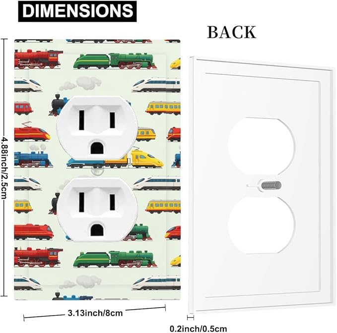 Vintage & Modern Trains Duplex Wall Plate - 1-Gang Standard US Size Colorful Locomotive Outlet Covers, Retro Steam & High-Speed for Boys Room