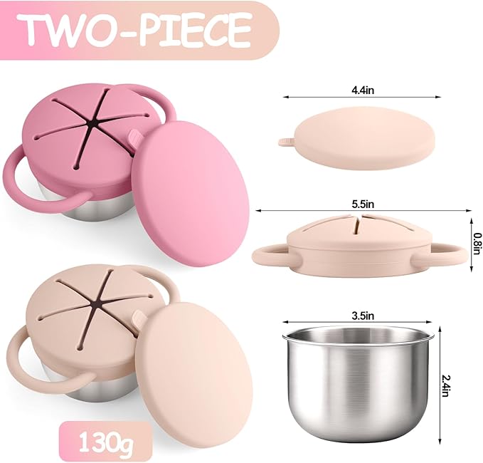 Mity rain Stainless Steel Snack Containers for Toddlers with Spill-Proof Silicone Lids Handles - 3-in-1 Baby Snack Cups, No-Spill Toddler Snack Box (Pink+Yellow, Two piece set)
