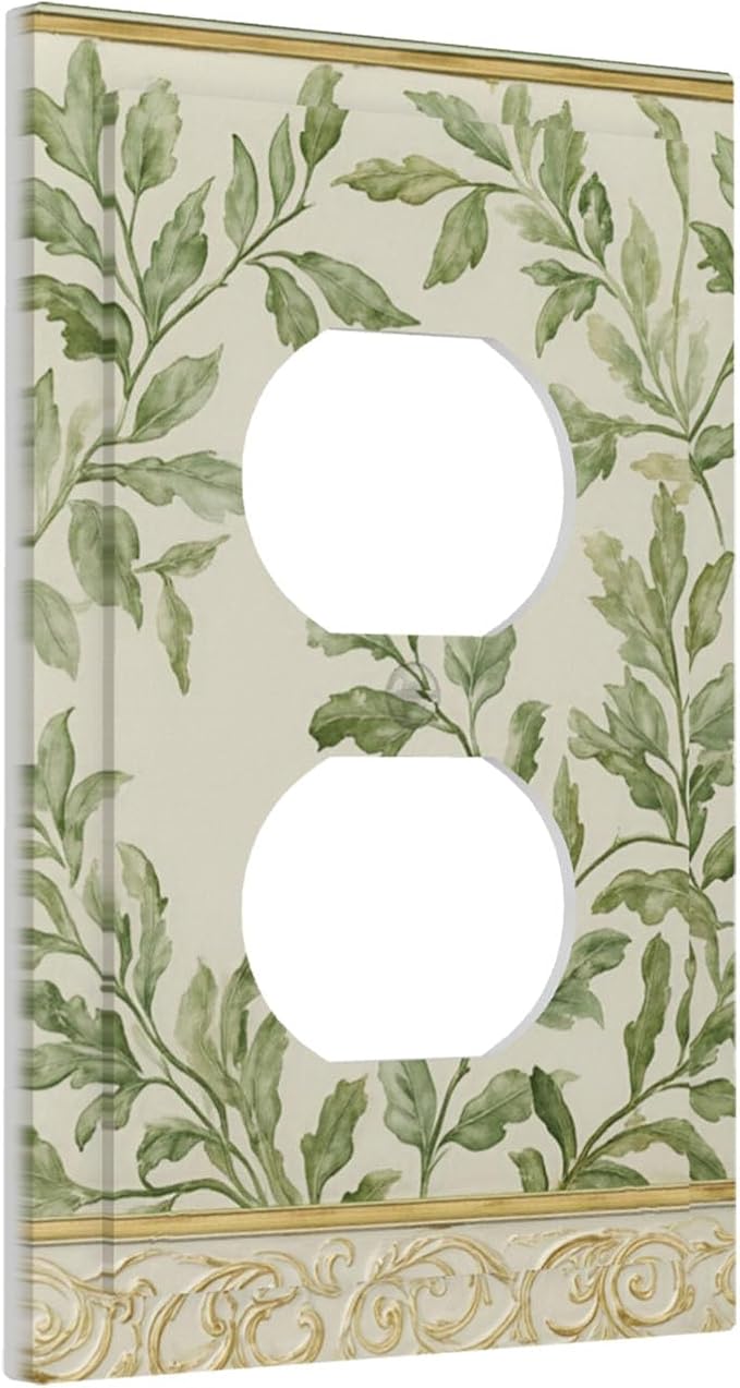 Soft Green Botanical Scroll Duplex Wall Plate - 1-Gang Standard US Size Regency Style Leafy Vine Design Outlet Covers for Bedroom Living Room Decor