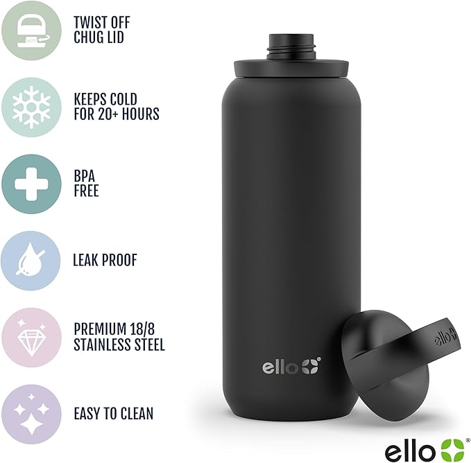 Ello Cooper Twist 22oz Stainless Steel Water Bottle with Chug Lid | Leak Proof Double Walled and Vacuum Insulated | Fits Car Cupholder | Built in Carry Loop | Dishwasher Safe | Bubblegum Pink