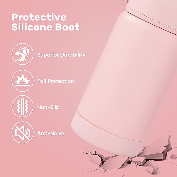 12 oz Water Bottle, 2 pack Kids Water Bottles for School, Toddler Water Bottle with Straw & Handle, 304 Stainless Steel Insulated Water Bottle, Non-slip Silicone Base, BPA Free, Pink Two Piece