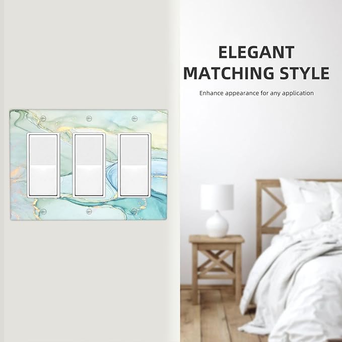 Light Switch Covers Teal Gold Marbling Turquoise 3 Gang Rocker Electrical GFCI Decorative Triple Outlet Wall Plate Cover Switchplate for Bathroom living Room Decor