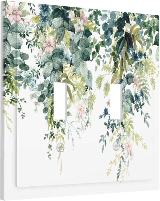 Colorful Plant Flower Sage Eucalyptus Leaves Decorative Switch Plates 2 Gang Double Toggle Outlet Light Switch Cover Wall Plate Electrical Faceplate for Bedroom Living Room Decor