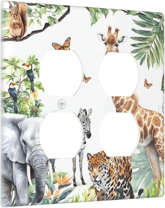 Elephant Giraffe Jungle Animals Leopard Zoo Outlet Covers 2 Gang Double Duplex Decorative Light Switch Covers Electrical Wallplates Socket Faceplate for Kids Room Nursery Decor