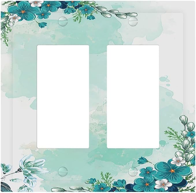 Decorative Outlet Covers Blue Green Flowers Light Green Watercolor Patterns 2 Gang Double GFCI Rocker Electrical Wall Panels Light Switch Cover Plate for Bedroom Home Decor