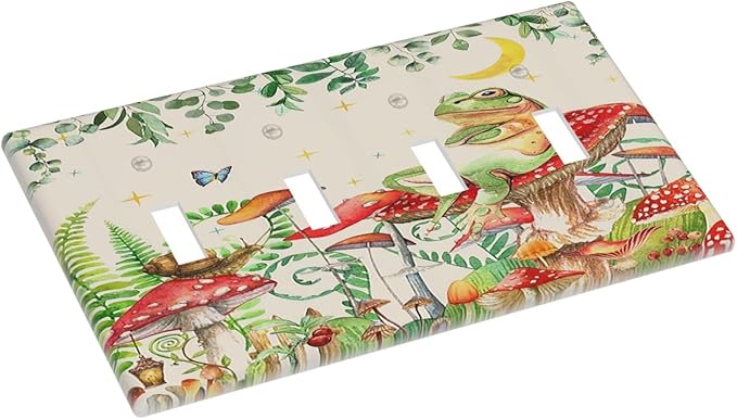 Light Switch Covers Boho Mushrooms Frogs Butterflies Flowers Moon Stars Quad Toggle 4 Gang Wall Plate Electrical Faceplate Decorative Switch Plates for Kids room Bedroom Decor