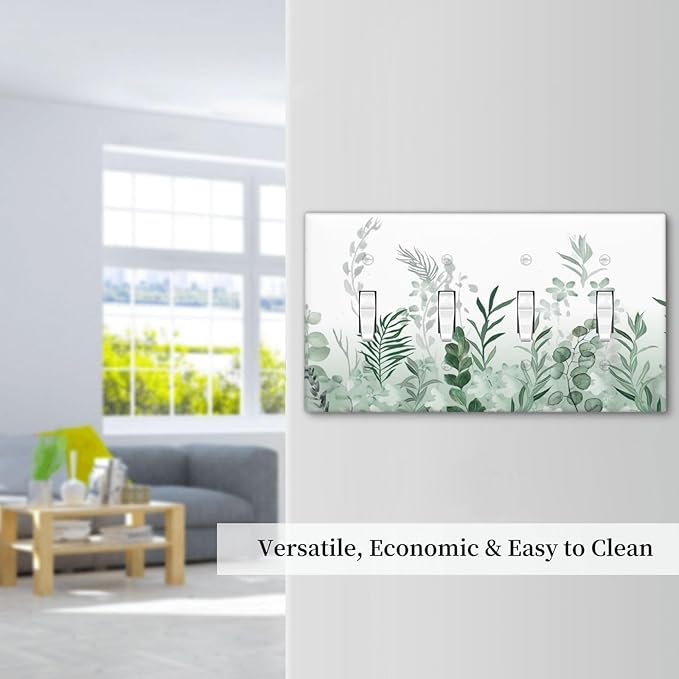 Watercolor Green Leaf Rustic Plant Eucalyptus Flowers Light Switch Covers Quad Toggle Electrical Faceplate 4 Gang Wall Plate Decorative Switch Plates for Bed Room Living Room Decor