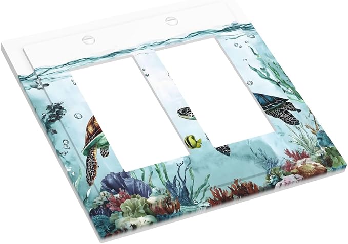 Sea Turtles Sea Coral Seaweed Ocean Jellyfish Decorative Outlet Covers 2 Gang Double GFCI Rocker Electrical Wall Panels Light Switch Cover Plate for Kids Room Bathroom Decor