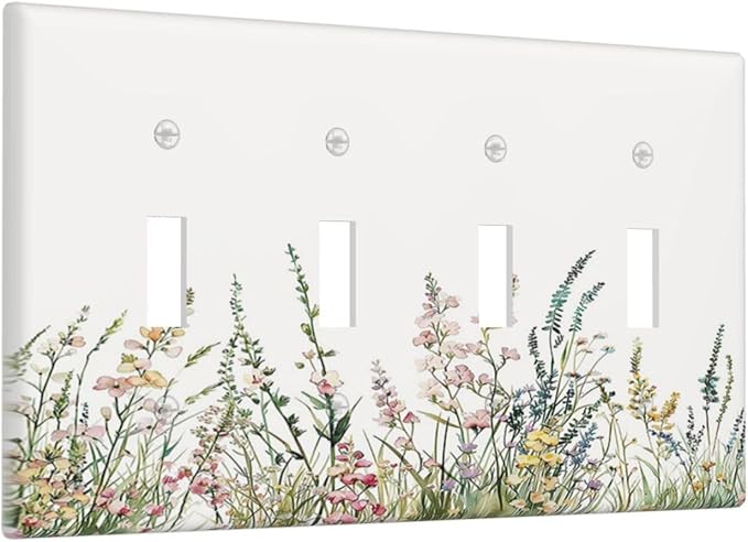 Light Switch Covers Boho Wildflower Green Leaves Rustic Floral Botanical Quad Toggle 4 Gang Wall Plate Electrical Faceplate Decorative Switch Plates for Bedroom living Room Decor