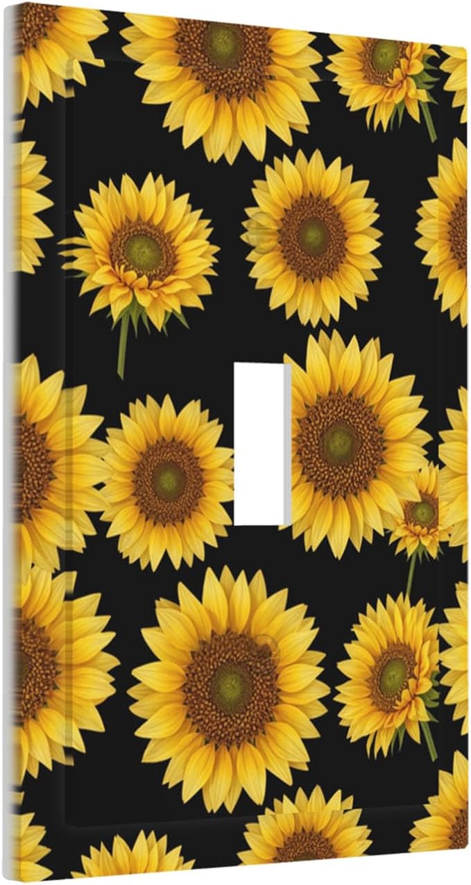 Sunflower Fields 1-Gang Toggle Light Switch Plate, Vibrant Sunflower on Black Boho Sunny Garden Decorative Wall Plate for Bedroom Decor