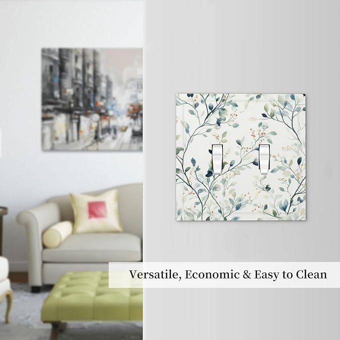 Watercolor Floral Green Leaves 2 Gang Light Switch Cover Green Botanical Flowers Double Toggle Wall Plate Decorative Electrical Switchplate Covers for Bedroom Kitchen Living Room Decor