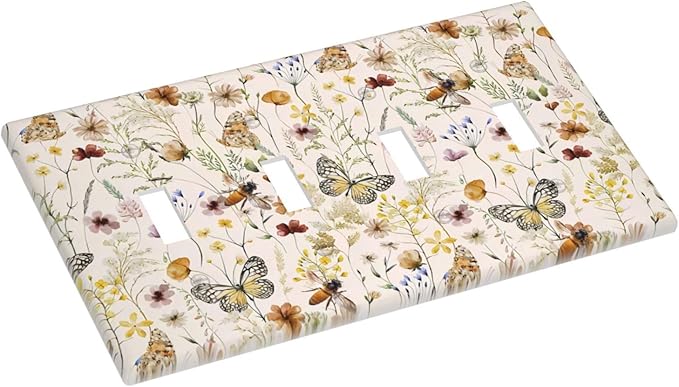 Vintage Butterflies Quad Toggle Wall Plates Decorative Colorful Wildflower 4 Gang Light Switch Cover Cute Bees Electrical Switchplate Faceplate Beige Flower Leaves Dimmer Decor for Bedroom Kidroom