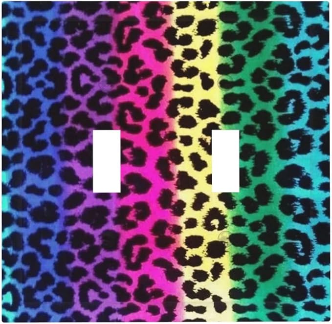 Funky Colorful Leopard Double Toggle Light Switch Cover Decorative 2 Gang Wall Plate Electrical Switchplate Faceplate Original Animal Print Safari Bathroom Kitchen Living Room Home Decor 5" x 4.9