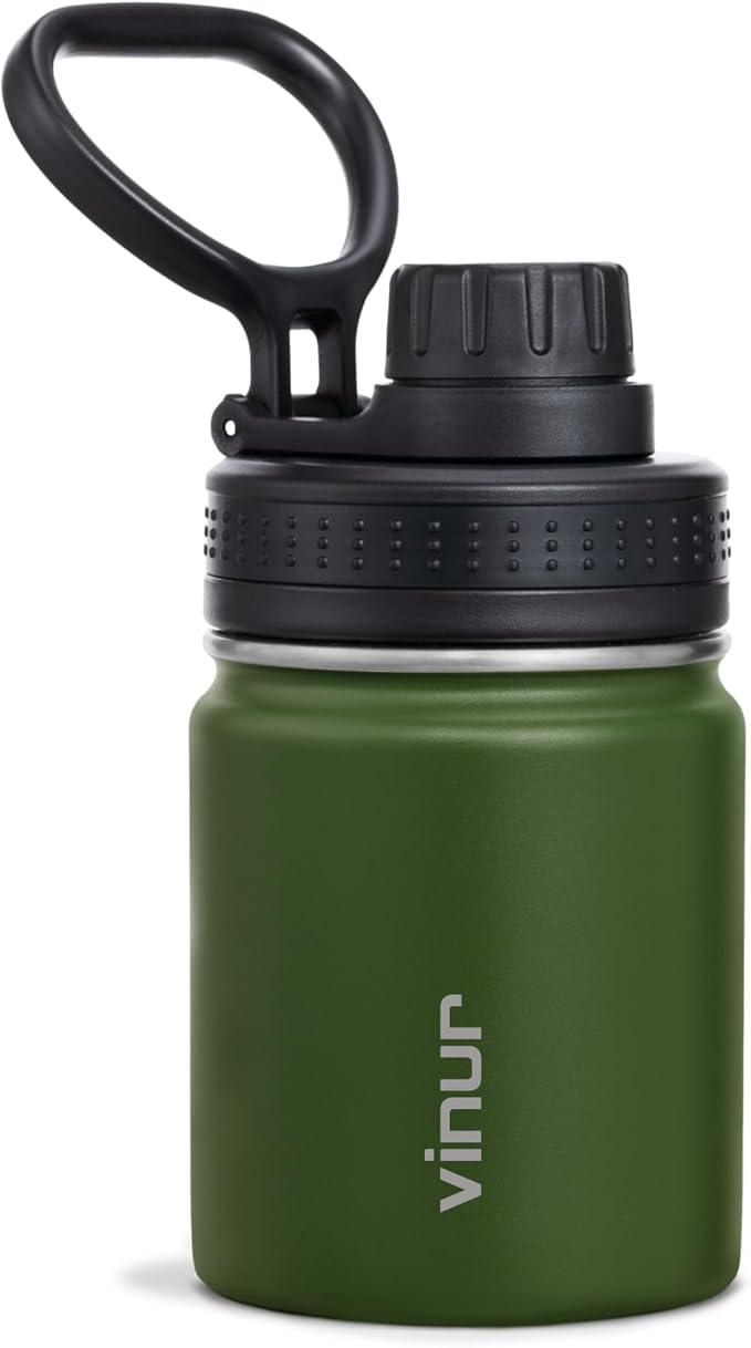 Vinur Mini Water Bottle-8 oz Stainless Steel Vacuum Insulated Small Water Bottle for Kids Lunchbox and Purse Reusable Leak Proof Travel Flask for Boys, Grass Green