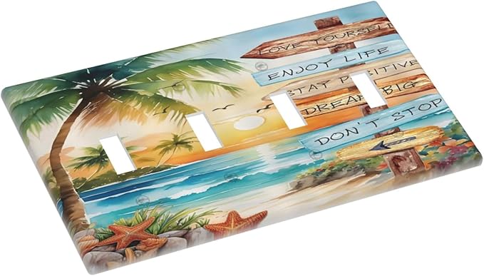 Tropical Beach Palm Tree Summer Coastal Ocean Sunset Light Switch Covers Quad Toggle Electrical Faceplate 4 Gang Wall Plate Decorative Switch Plates for Bedroom Living Room Decor