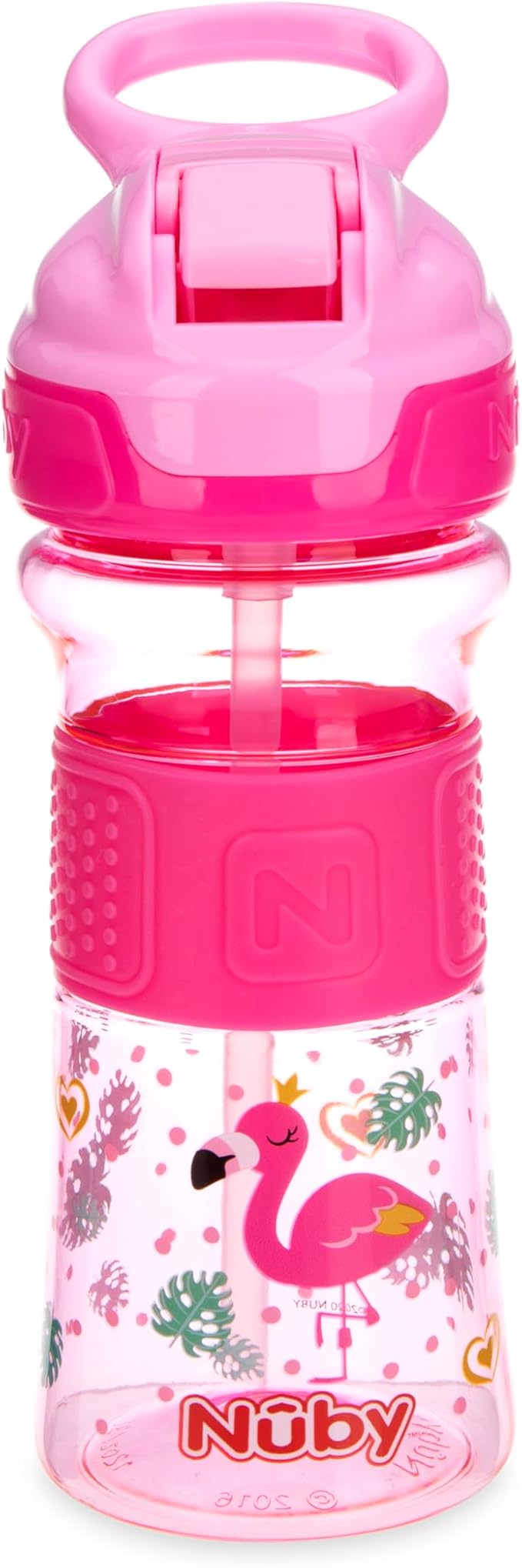 Nuby Thirsty Kids Push Button Flip-it Soft Spout on The Go Water Bottle with Easy Grip Band, Pink Rainbows, 12 Ounce
