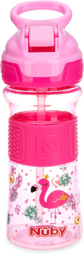 Nuby Thirsty Kids Push Button Flip-it Soft Spout on The Go Water Bottle with Easy Grip Band, Pink Rainbows, 12 Ounce