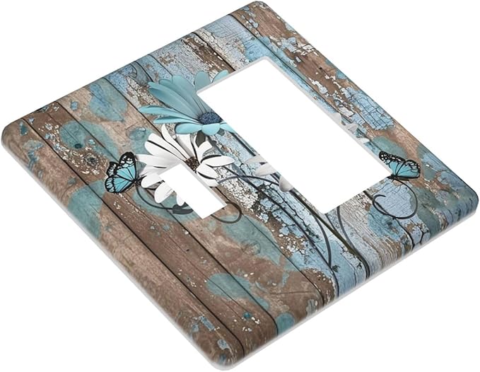 Outlet Covers Rustic Flower Teal Turquoise Daisy Butterfly 1 Toggle 1 Rocker Combination Decorative Wall Plate Electrical Switch Plates Light Switch Cover Plate For Farmhouse Cabin Decor