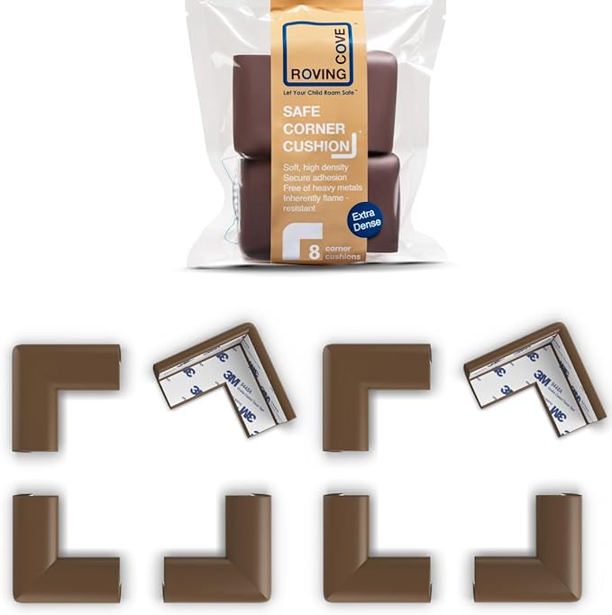 Roving Cove Slimfit Corner Protector for Baby Proofing (8 Small Corners), Soft Rubber Foam Furniture Corner Bumper Guards, 3M Adhesive Pre-Taped, Coffee Brown