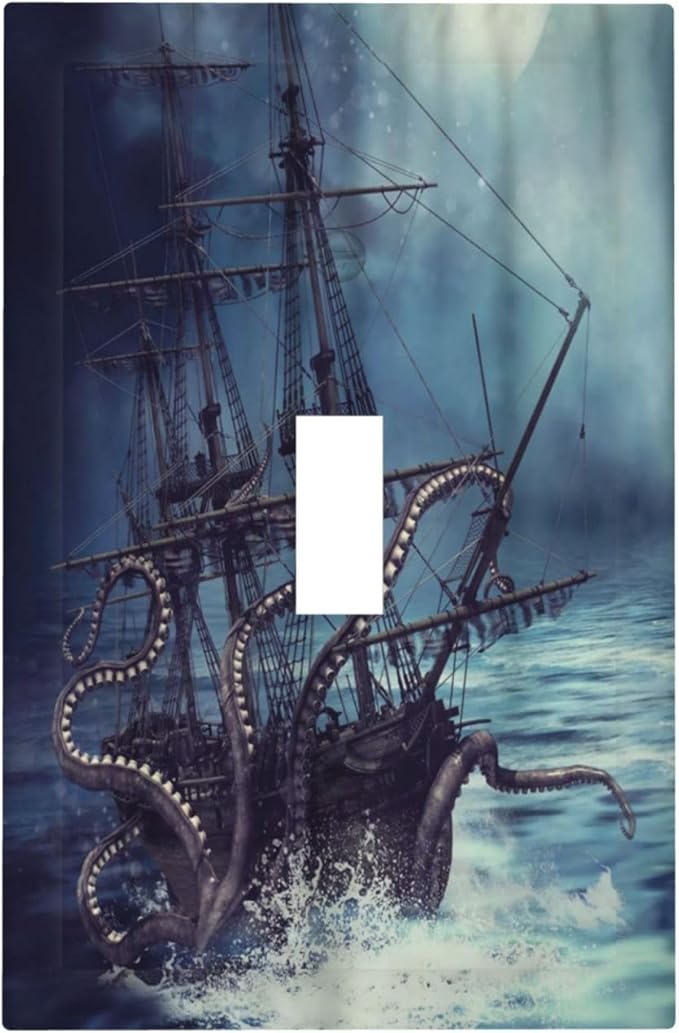Octopus Ocean Kraken Nautical Pirate Ship 1 Gang Light Switch Covers Decorative Unique Single Toggle Wall Plate Switchcover Electrical Switchplate for Kitchen Bathroom Bedroom Decor