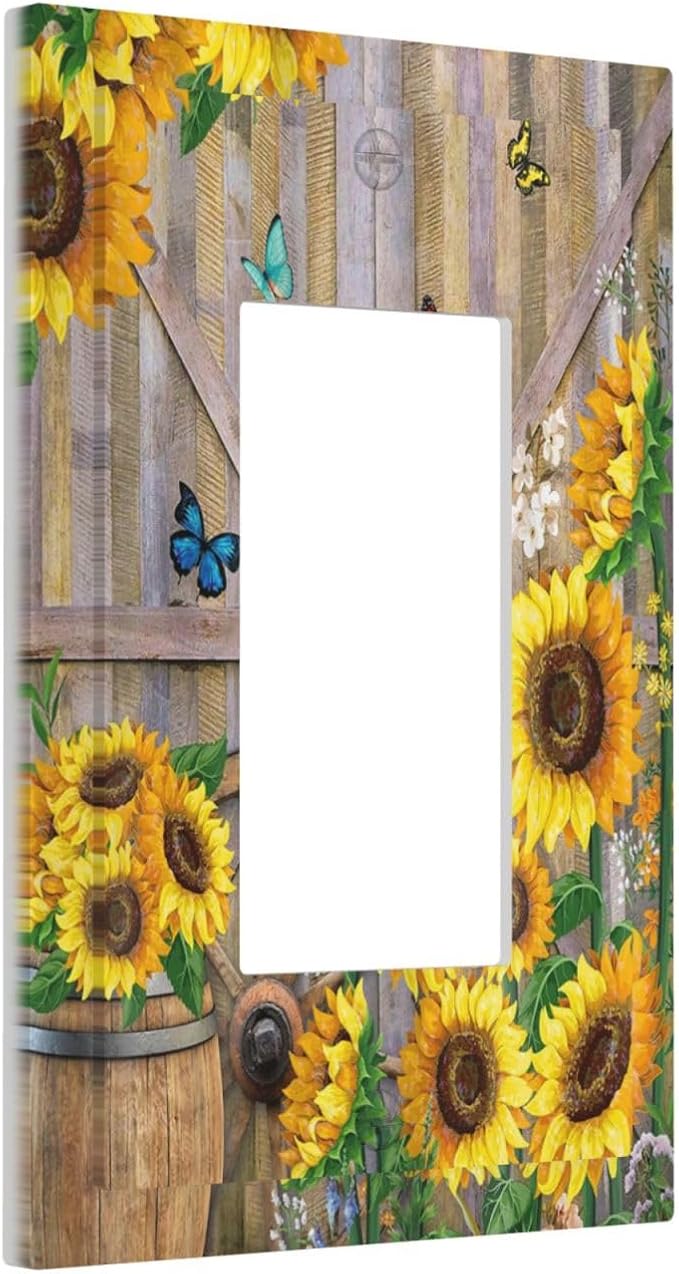 Rustic Sunflower Barn Door Country Wood Plank Butterfly 1 Gang Rocker Light Switch Covers Decorative Single Decora Outlet Wall Plate Faceplate Switchplate GFCI for Farmhouse Bathroom Bedroom Decor