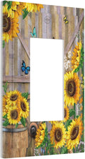Rustic Sunflower Barn Door Country Wood Plank Butterfly 1 Gang Rocker Light Switch Covers Decorative Single Decora Outlet Wall Plate Faceplate Switchplate GFCI for Farmhouse Bathroom Bedroom Decor