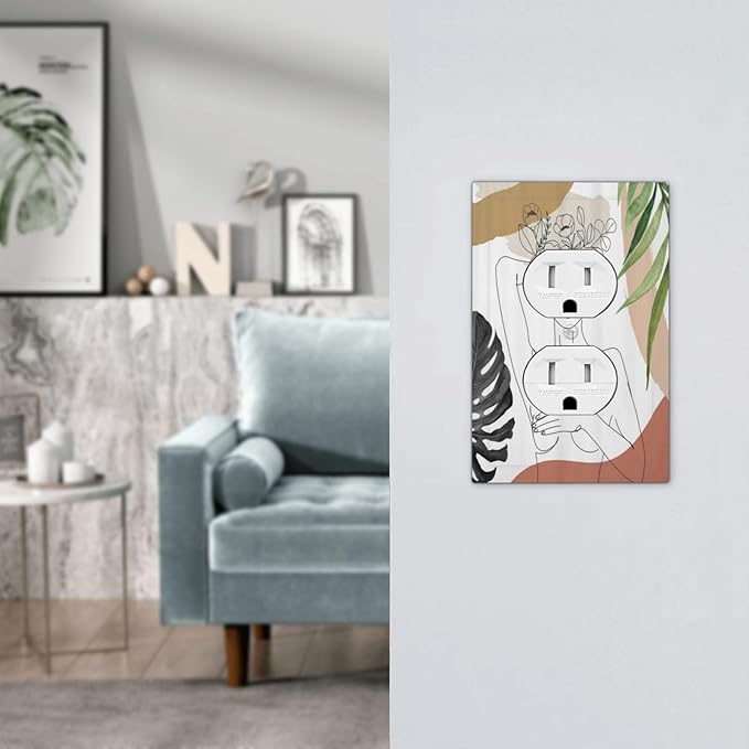 Mid Century Abstract Women Lady Boho Palm Leaf 1 Gang Outlet Plate Decorative Single Duplex Wall Plate Covers Unique Electrical Receptacle Light Switch Cover Art Faceplate Switchplate for Bedroom