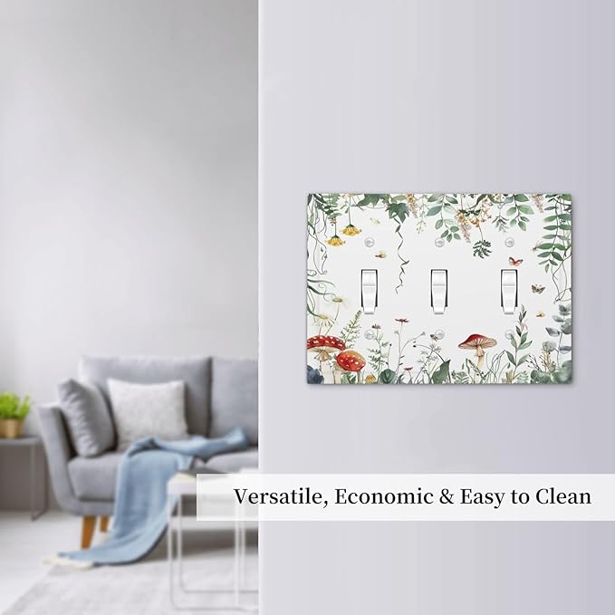 Decorative Switch Plates Sage Plant Red Mushroom Butterfly Wild Flower 3 Gang Wall Plate Triple Toggle Light Switch Cover Faceplate Electrical Wall Panels For Bed Room Kids Room Decor